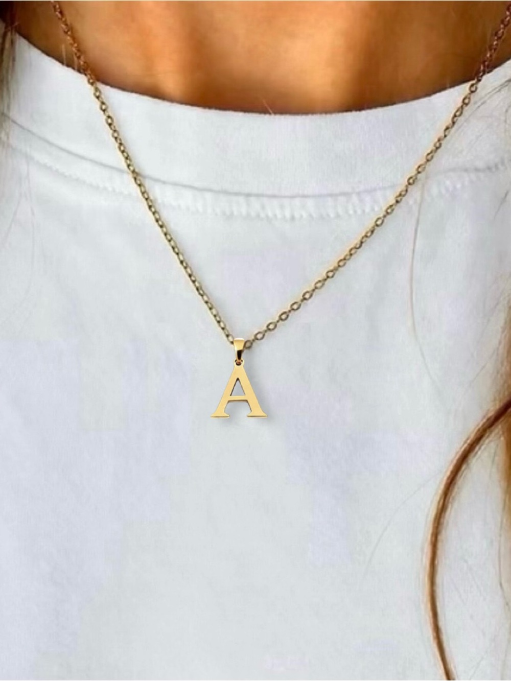 Classic Gold Block Letter Initial Charm Necklace, “A” Pendant, Stainless Steel